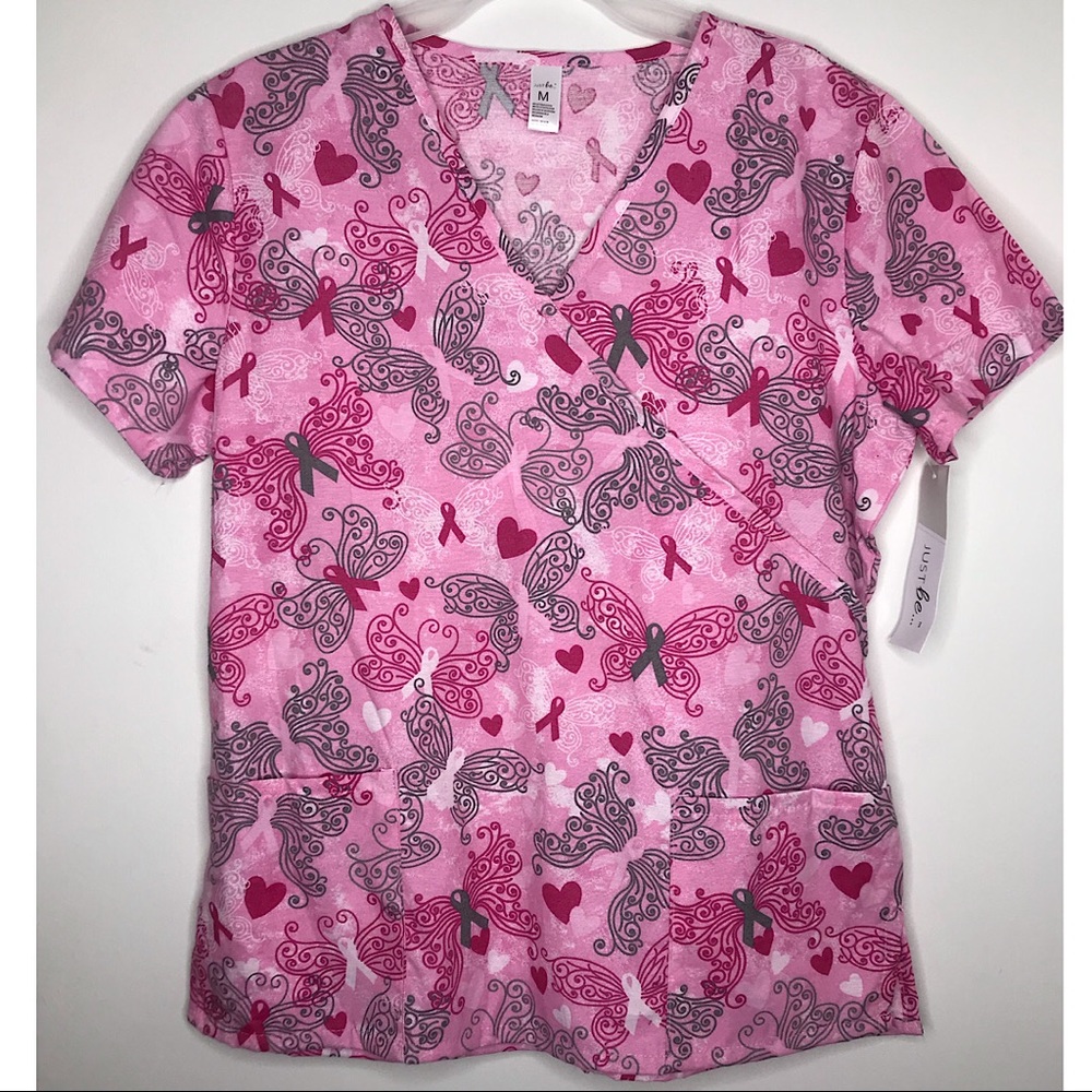 NWT Breast Cancer Awareness Just Be Ribbon Scrub Top Size Medium